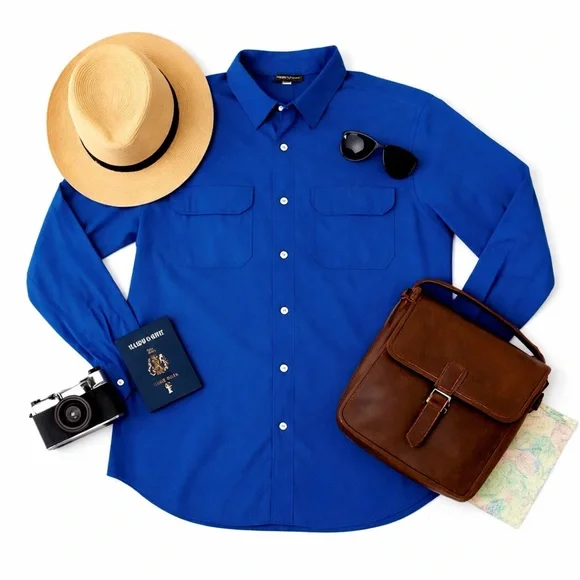 TravelSmith Royal Blue Button Up Shirt Mens Large Wrinkle Resistant Travelwear - Picture 10 of 11